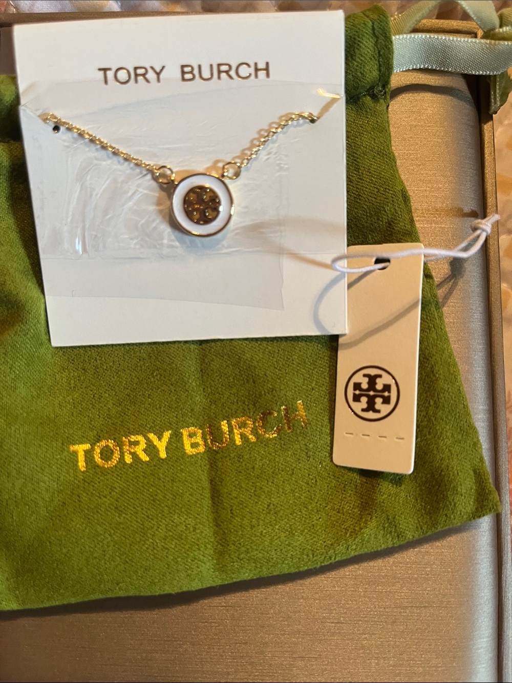 Tory Burch Gold and White Enamel Logo Pendant Necklace